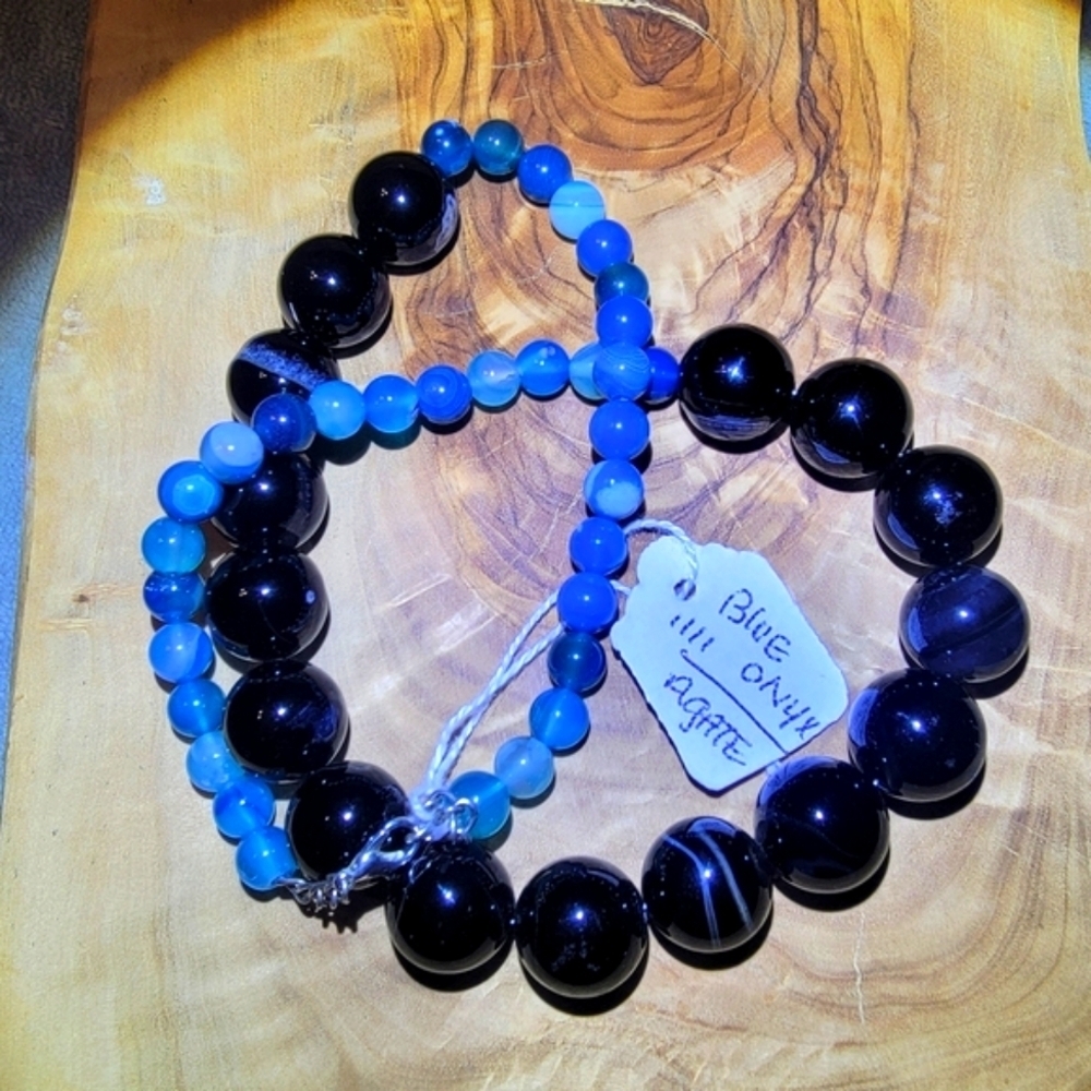 Round 993 Cts Natural Blue Onyx Black Agate Beaded Natural Gemstone Necklace - Picture 1 of 11